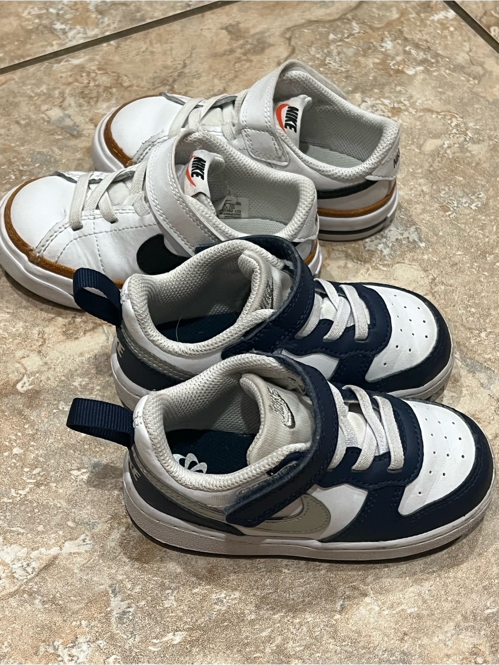Nike Kids White & Navy Velcro Low-Top Sneakers and white Nikes, size 7 toddler